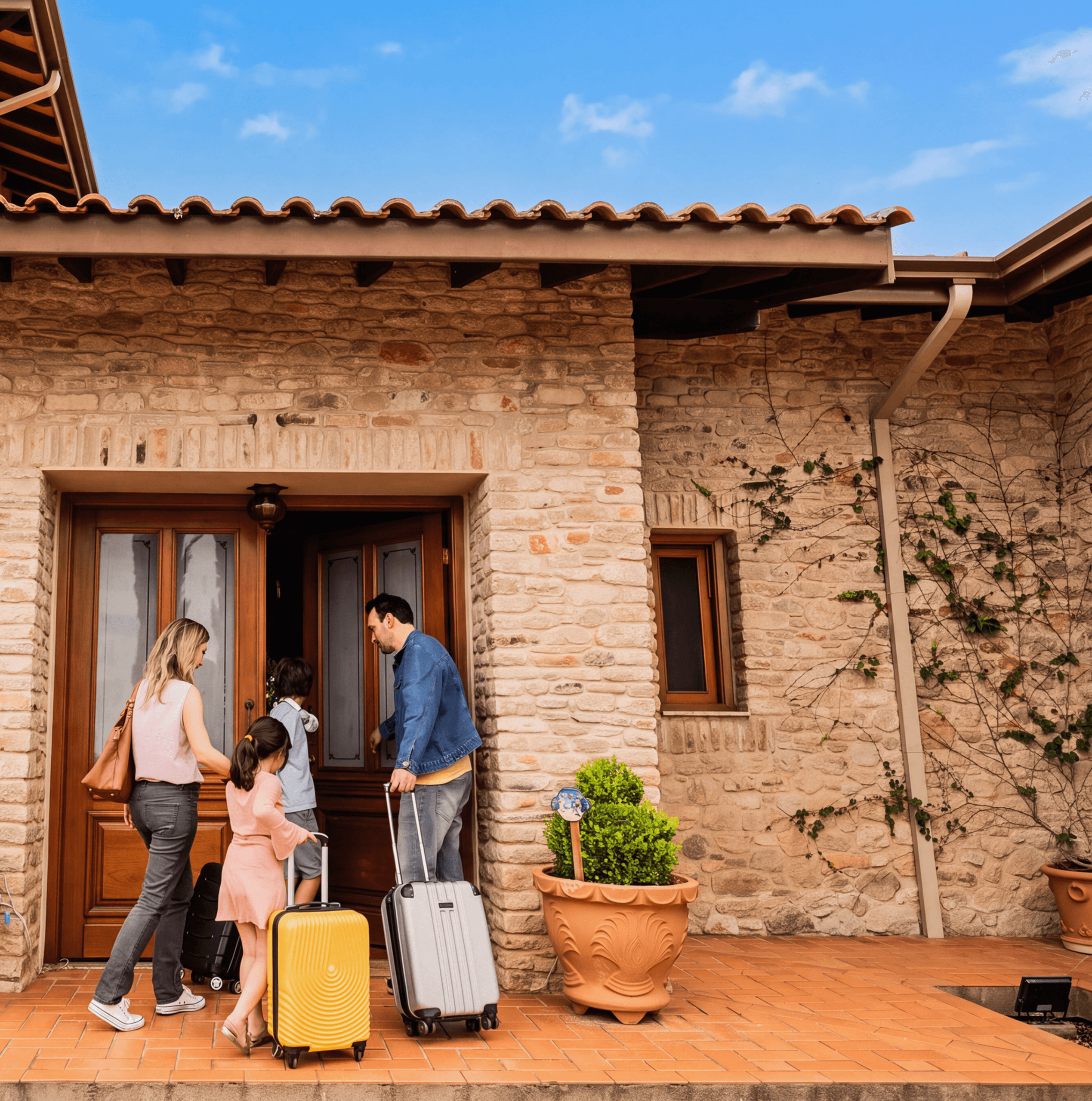 A family arriving at their vacation home after a successful home exchange.